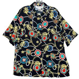Vintage Womens Button Up Shirt Large Black Chain Medallion Baroque Old Money